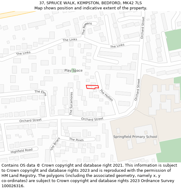 37, SPRUCE WALK, KEMPSTON, BEDFORD, MK42 7LS: Location map and indicative extent of plot