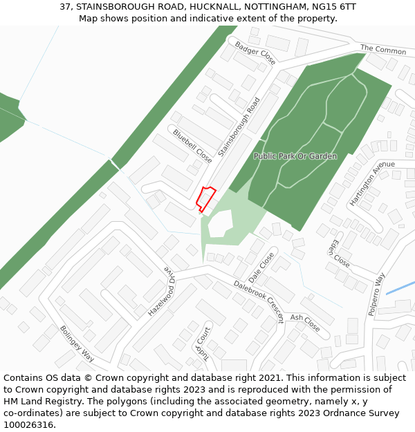 37, STAINSBOROUGH ROAD, HUCKNALL, NOTTINGHAM, NG15 6TT: Location map and indicative extent of plot