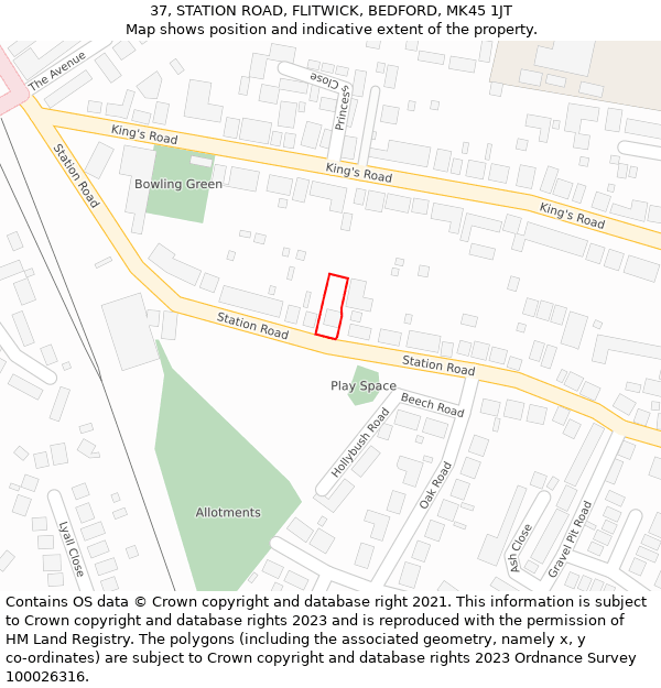 37, STATION ROAD, FLITWICK, BEDFORD, MK45 1JT: Location map and indicative extent of plot