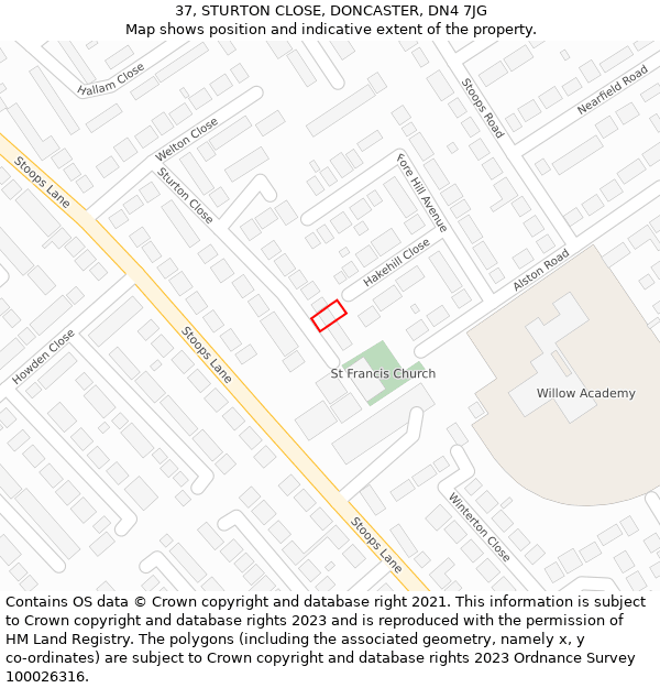 37, STURTON CLOSE, DONCASTER, DN4 7JG: Location map and indicative extent of plot