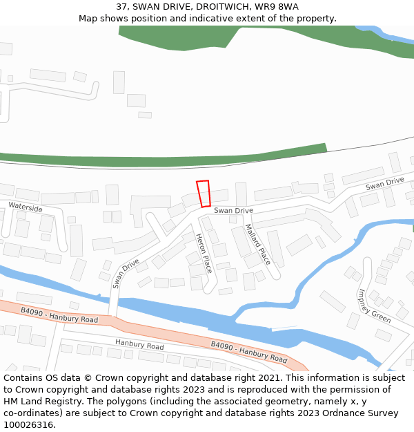 37, SWAN DRIVE, DROITWICH, WR9 8WA: Location map and indicative extent of plot