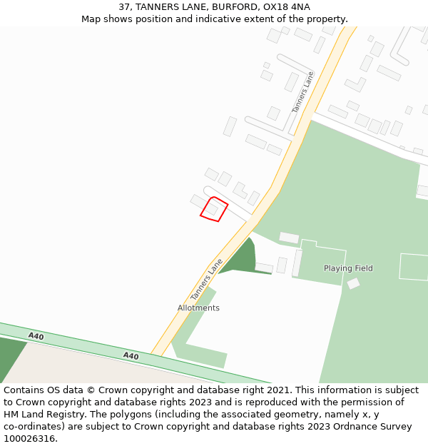 37, TANNERS LANE, BURFORD, OX18 4NA: Location map and indicative extent of plot