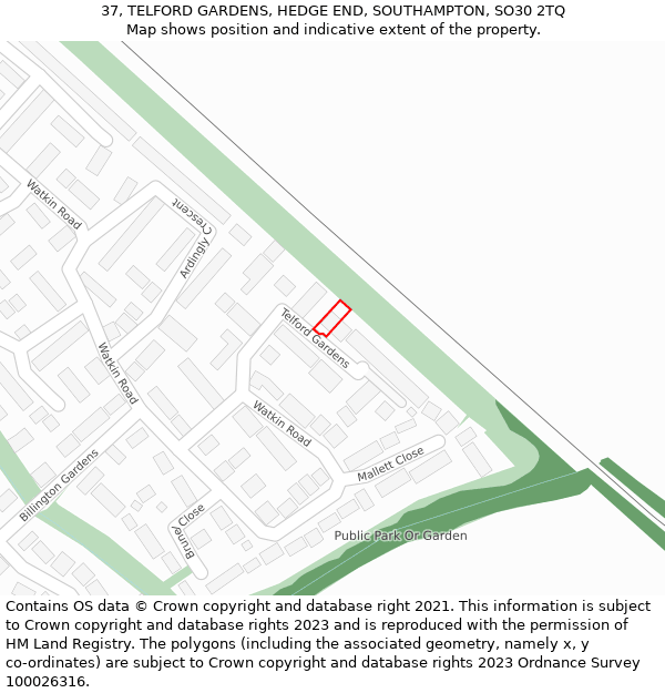 37, TELFORD GARDENS, HEDGE END, SOUTHAMPTON, SO30 2TQ: Location map and indicative extent of plot