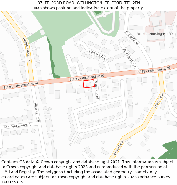 37, TELFORD ROAD, WELLINGTON, TELFORD, TF1 2EN: Location map and indicative extent of plot