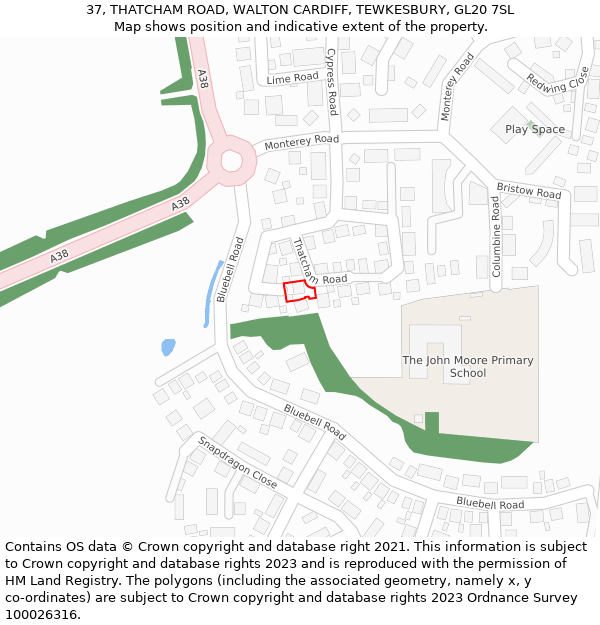 37, THATCHAM ROAD, WALTON CARDIFF, TEWKESBURY, GL20 7SL: Location map and indicative extent of plot