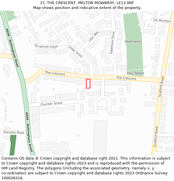 37, THE CRESCENT, MELTON MOWBRAY, LE13 0NF: Location map and indicative extent of plot