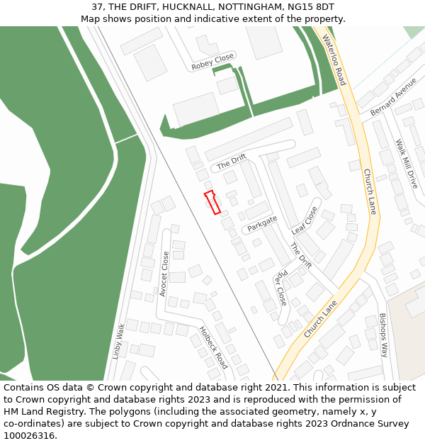 37, THE DRIFT, HUCKNALL, NOTTINGHAM, NG15 8DT: Location map and indicative extent of plot