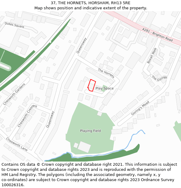 37, THE HORNETS, HORSHAM, RH13 5RE: Location map and indicative extent of plot