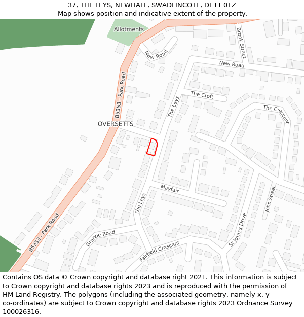 37, THE LEYS, NEWHALL, SWADLINCOTE, DE11 0TZ: Location map and indicative extent of plot