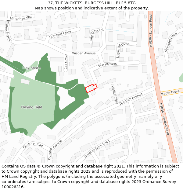 37, THE WICKETS, BURGESS HILL, RH15 8TG: Location map and indicative extent of plot