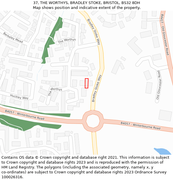 37, THE WORTHYS, BRADLEY STOKE, BRISTOL, BS32 8DH: Location map and indicative extent of plot