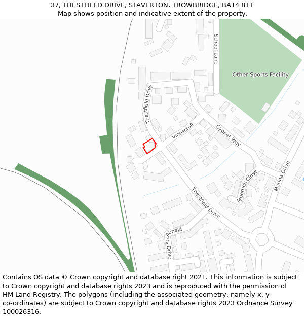 37, THESTFIELD DRIVE, STAVERTON, TROWBRIDGE, BA14 8TT: Location map and indicative extent of plot