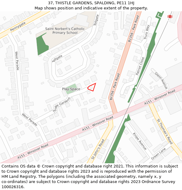 37, THISTLE GARDENS, SPALDING, PE11 1HJ: Location map and indicative extent of plot