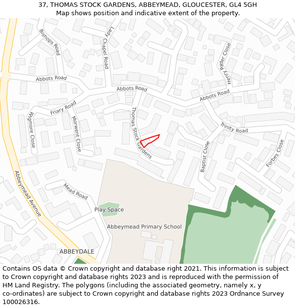 37, THOMAS STOCK GARDENS, ABBEYMEAD, GLOUCESTER, GL4 5GH: Location map and indicative extent of plot