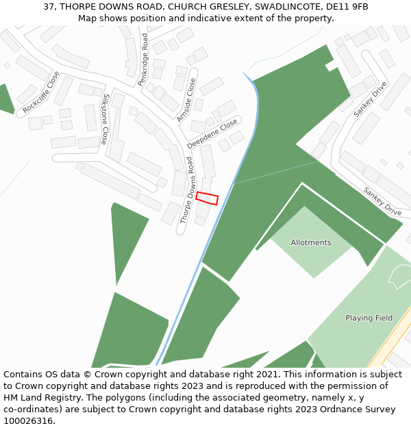 37, THORPE DOWNS ROAD, CHURCH GRESLEY, SWADLINCOTE, DE11 9FB: Location map and indicative extent of plot