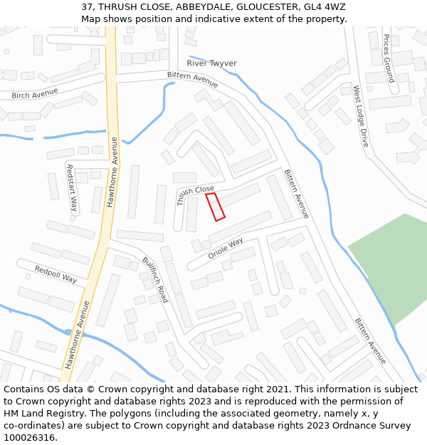 37, THRUSH CLOSE, ABBEYDALE, GLOUCESTER, GL4 4WZ: Location map and indicative extent of plot