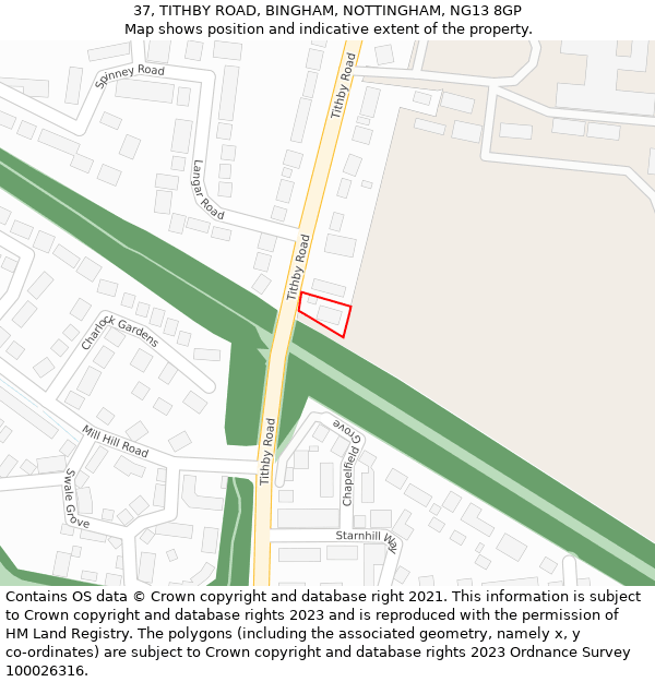 37, TITHBY ROAD, BINGHAM, NOTTINGHAM, NG13 8GP: Location map and indicative extent of plot