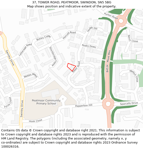 37, TOWER ROAD, PEATMOOR, SWINDON, SN5 5BG: Location map and indicative extent of plot