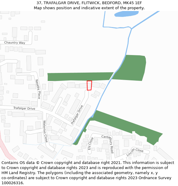 37, TRAFALGAR DRIVE, FLITWICK, BEDFORD, MK45 1EF: Location map and indicative extent of plot