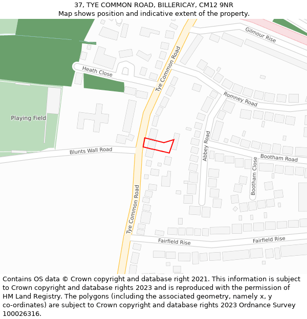 37, TYE COMMON ROAD, BILLERICAY, CM12 9NR: Location map and indicative extent of plot