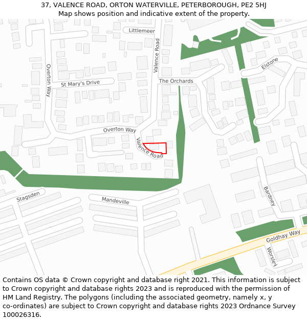 37, VALENCE ROAD, ORTON WATERVILLE, PETERBOROUGH, PE2 5HJ: Location map and indicative extent of plot