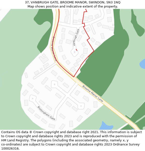 37, VANBRUGH GATE, BROOME MANOR, SWINDON, SN3 1NQ: Location map and indicative extent of plot