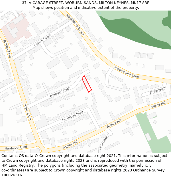 37, VICARAGE STREET, WOBURN SANDS, MILTON KEYNES, MK17 8RE: Location map and indicative extent of plot