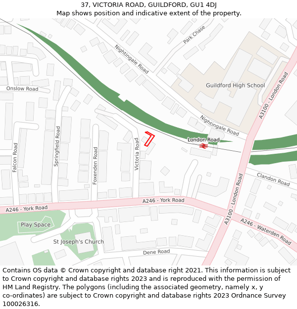 37, VICTORIA ROAD, GUILDFORD, GU1 4DJ: Location map and indicative extent of plot