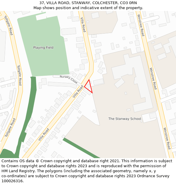 37, VILLA ROAD, STANWAY, COLCHESTER, CO3 0RN: Location map and indicative extent of plot