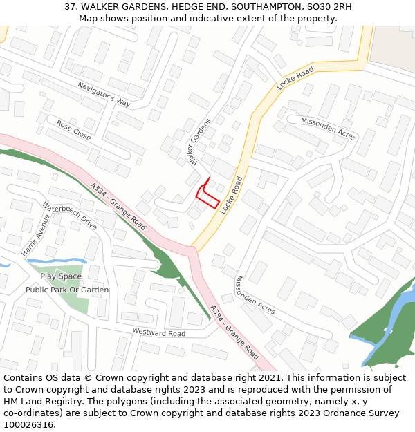 37, WALKER GARDENS, HEDGE END, SOUTHAMPTON, SO30 2RH: Location map and indicative extent of plot