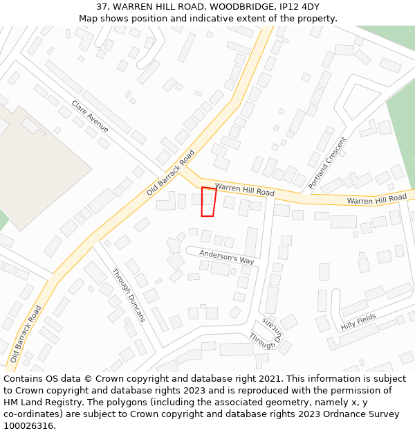 37, WARREN HILL ROAD, WOODBRIDGE, IP12 4DY: Location map and indicative extent of plot