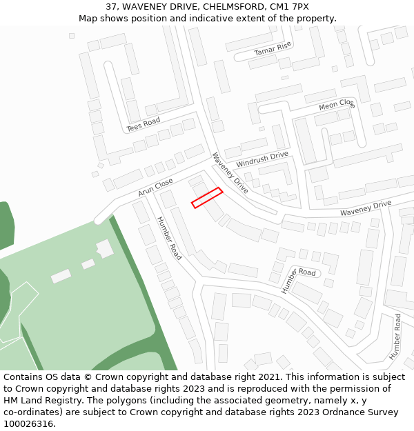 37, WAVENEY DRIVE, CHELMSFORD, CM1 7PX: Location map and indicative extent of plot