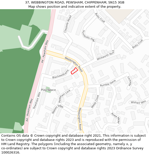 37, WEBBINGTON ROAD, PEWSHAM, CHIPPENHAM, SN15 3GB: Location map and indicative extent of plot