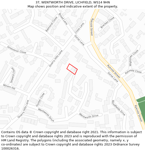 37, WENTWORTH DRIVE, LICHFIELD, WS14 9HN: Location map and indicative extent of plot