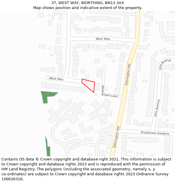 37, WEST WAY, WORTHING, BN13 3AX: Location map and indicative extent of plot
