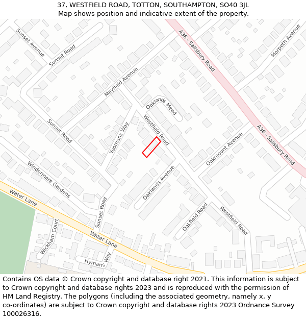 37, WESTFIELD ROAD, TOTTON, SOUTHAMPTON, SO40 3JL: Location map and indicative extent of plot