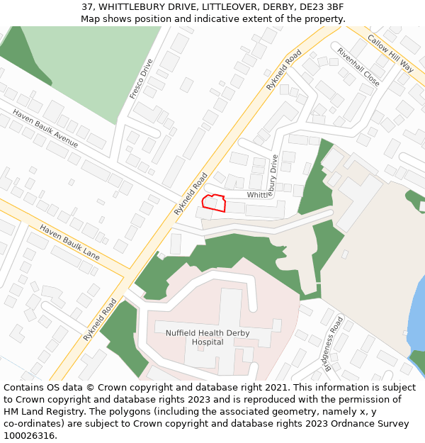 37, WHITTLEBURY DRIVE, LITTLEOVER, DERBY, DE23 3BF: Location map and indicative extent of plot