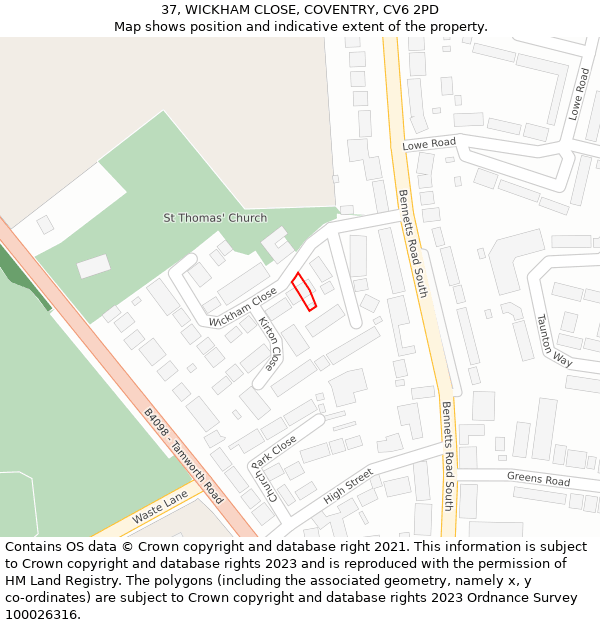 37, WICKHAM CLOSE, COVENTRY, CV6 2PD: Location map and indicative extent of plot