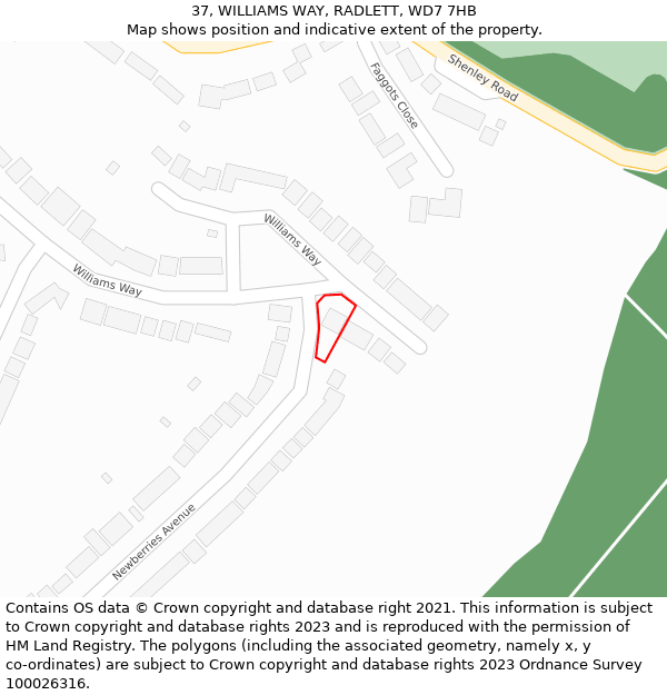 37, WILLIAMS WAY, RADLETT, WD7 7HB: Location map and indicative extent of plot