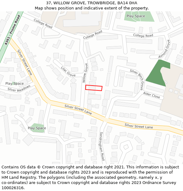 37, WILLOW GROVE, TROWBRIDGE, BA14 0HA: Location map and indicative extent of plot