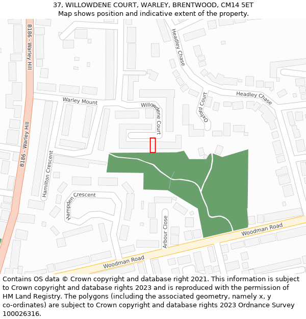 37, WILLOWDENE COURT, WARLEY, BRENTWOOD, CM14 5ET: Location map and indicative extent of plot