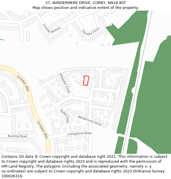 37, WINDERMERE DRIVE, CORBY, NN18 8ST: Location map and indicative extent of plot