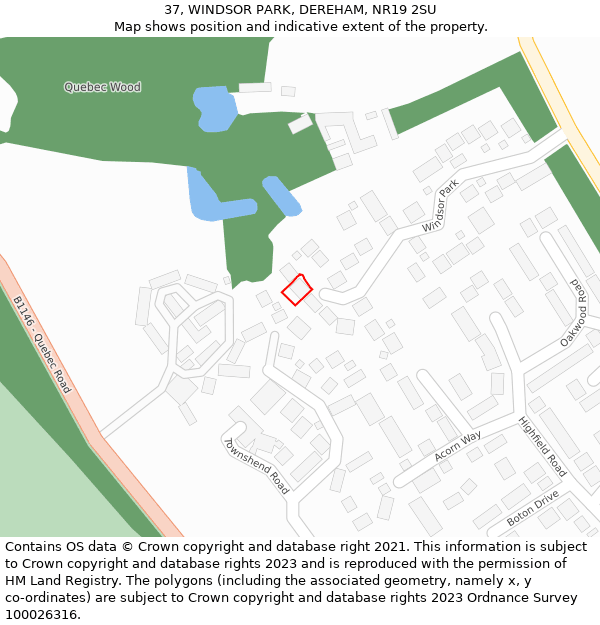 37, WINDSOR PARK, DEREHAM, NR19 2SU: Location map and indicative extent of plot