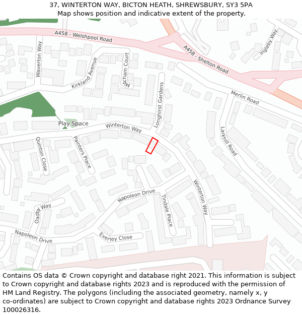 37, WINTERTON WAY, BICTON HEATH, SHREWSBURY, SY3 5PA: Location map and indicative extent of plot