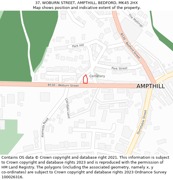 37, WOBURN STREET, AMPTHILL, BEDFORD, MK45 2HX: Location map and indicative extent of plot