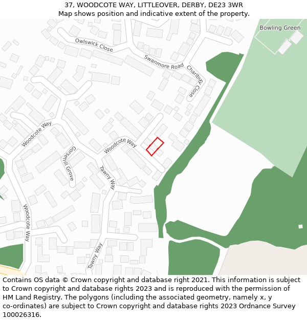 37, WOODCOTE WAY, LITTLEOVER, DERBY, DE23 3WR: Location map and indicative extent of plot