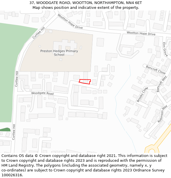 37, WOODGATE ROAD, WOOTTON, NORTHAMPTON, NN4 6ET: Location map and indicative extent of plot