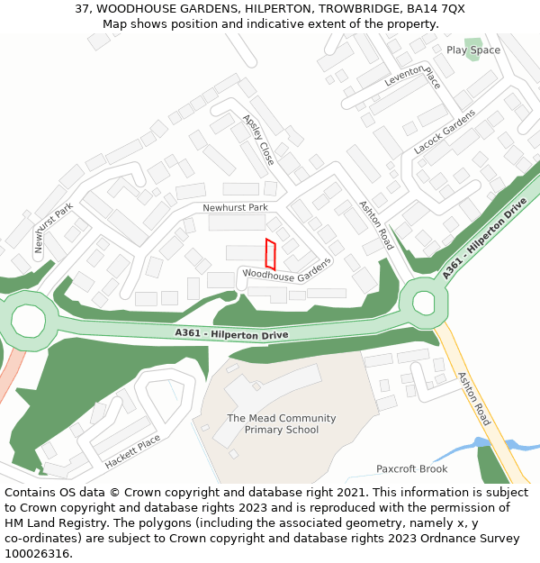 37, WOODHOUSE GARDENS, HILPERTON, TROWBRIDGE, BA14 7QX: Location map and indicative extent of plot