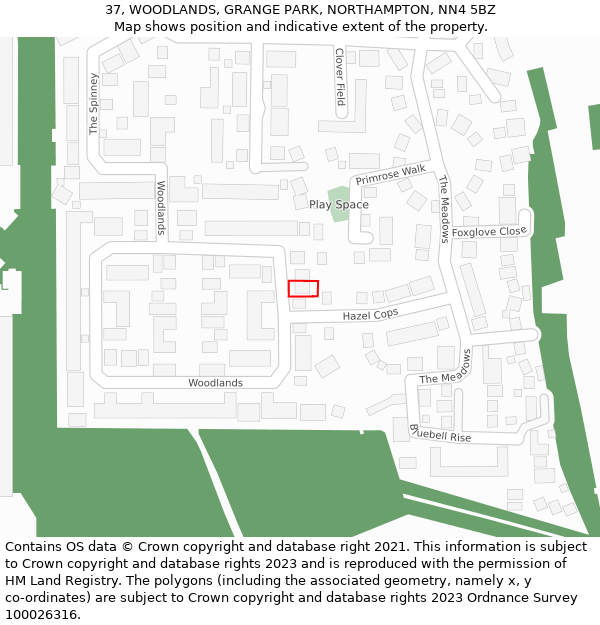 37, WOODLANDS, GRANGE PARK, NORTHAMPTON, NN4 5BZ: Location map and indicative extent of plot