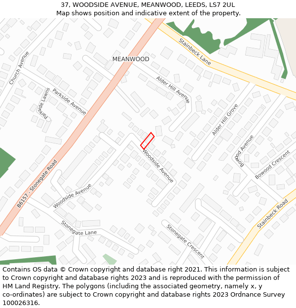 37, WOODSIDE AVENUE, MEANWOOD, LEEDS, LS7 2UL: Location map and indicative extent of plot
